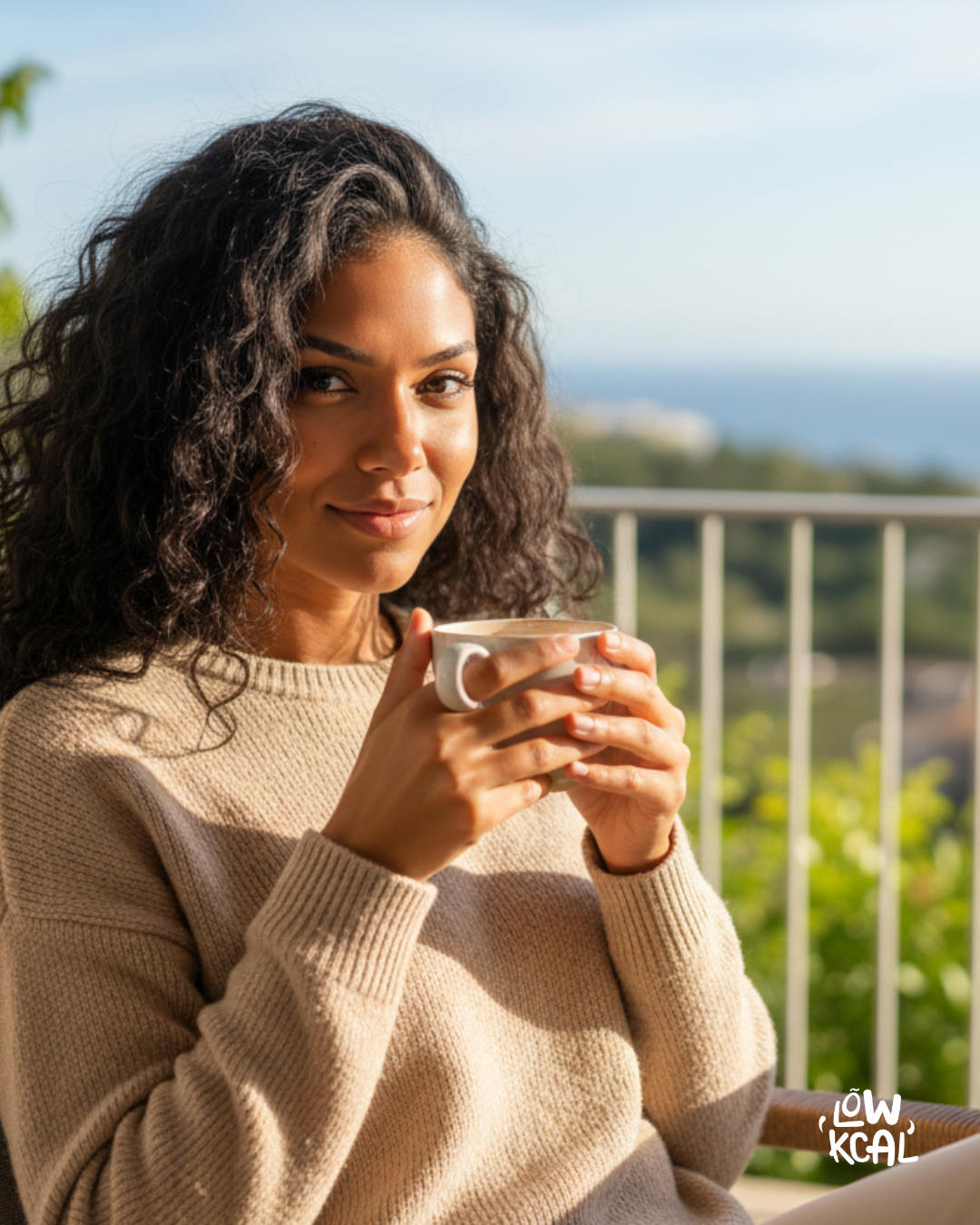 Femme détendue avec un café, illustrant un suivi calorique serein sans obsession