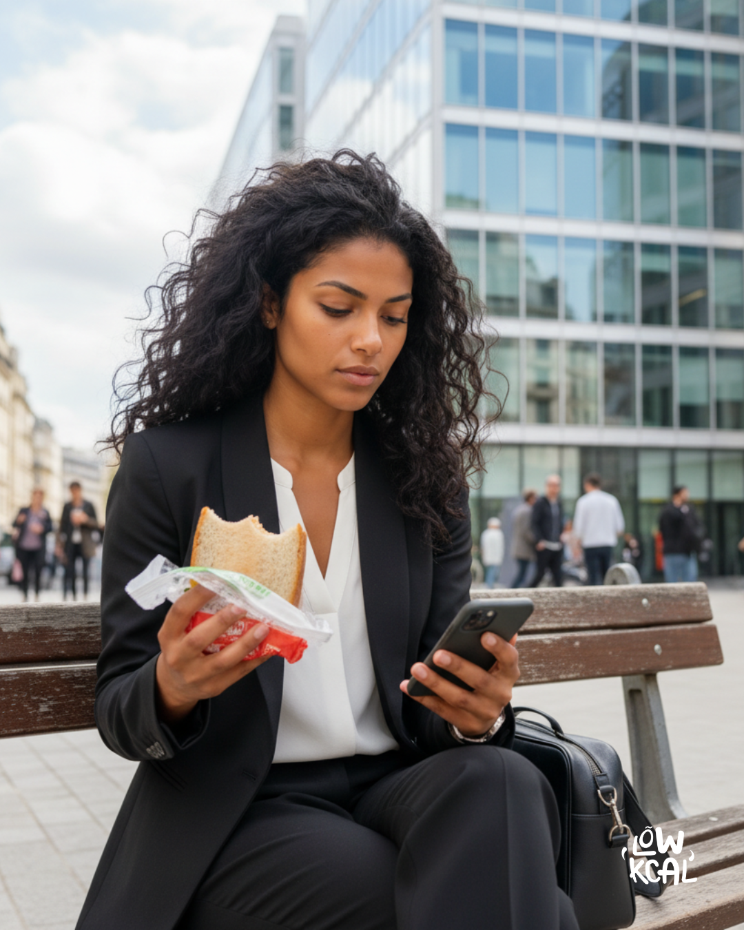 Femme en tenue professionnelle mangeant un sandwich, illustrant un repas pris en horaires décalés
