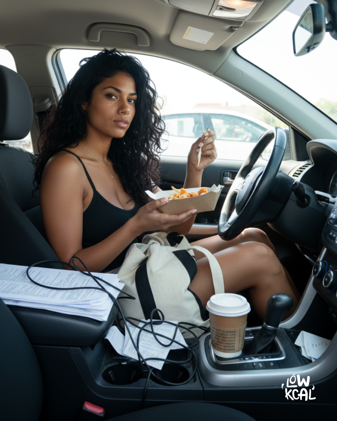 Femme mangeant un plat à emporter, exemple d'estimation rapide sans balance