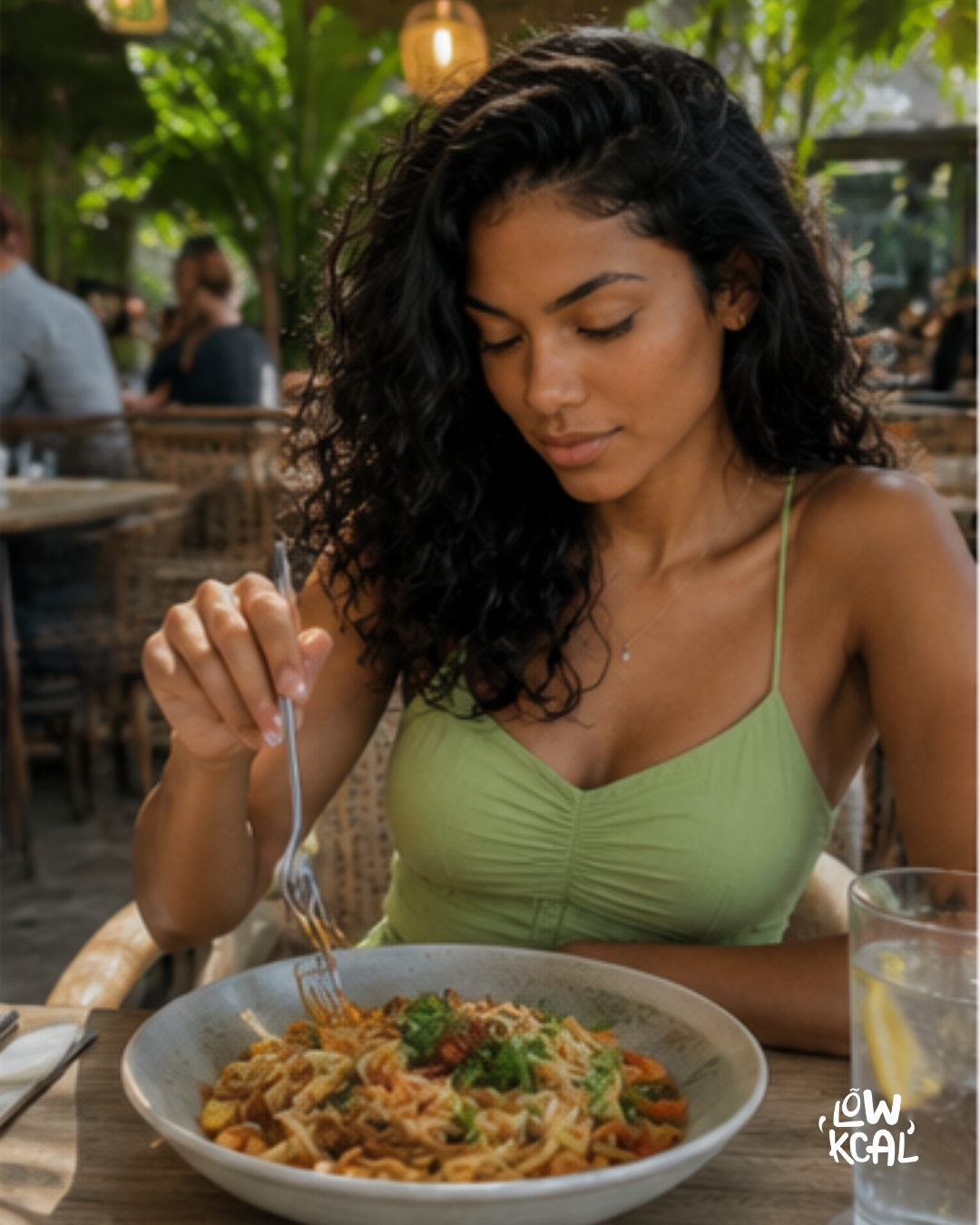 Femme mangeant un plat au restaurant, exemple de sortie dans une semaine alimentaire type